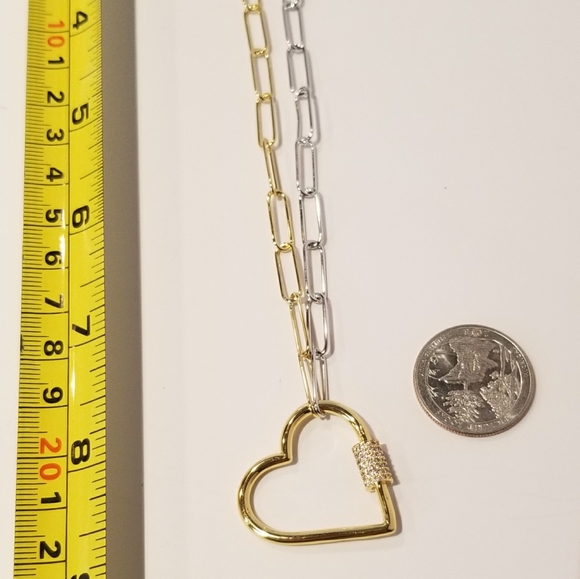 2 Tone Paperclip Pave CZ Heart Carabiner Necklace - Picture 7 of 7
